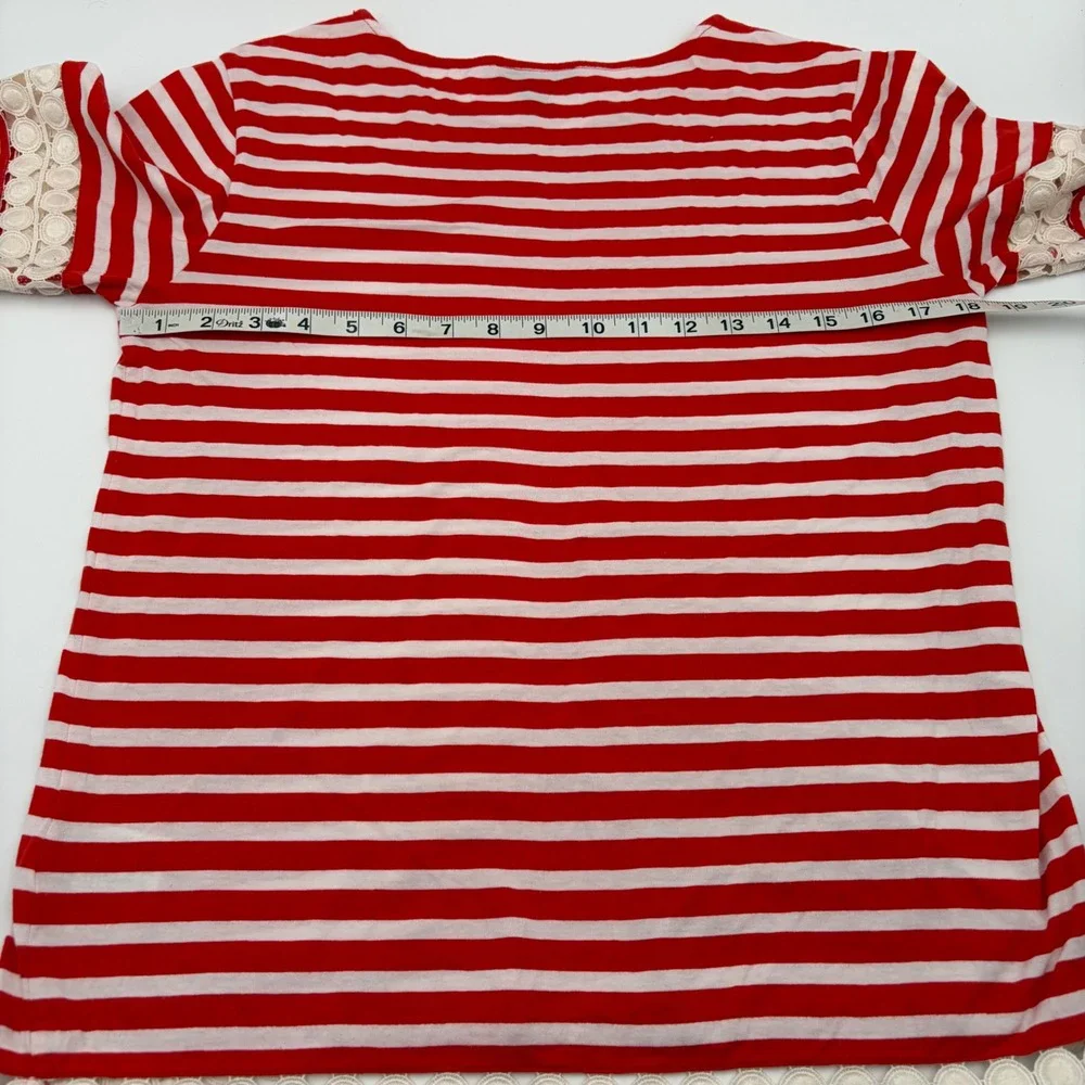J.Crew Womens XS Red White Striped Eyelet Lace Trim Short Sleeve Cotton Top